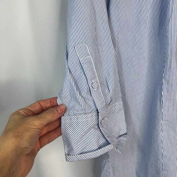 Talbots Blue White Pin Striped 3/4 Sleeve Ruffled Neckline Button Up Size 4 - Picture 6 of 10